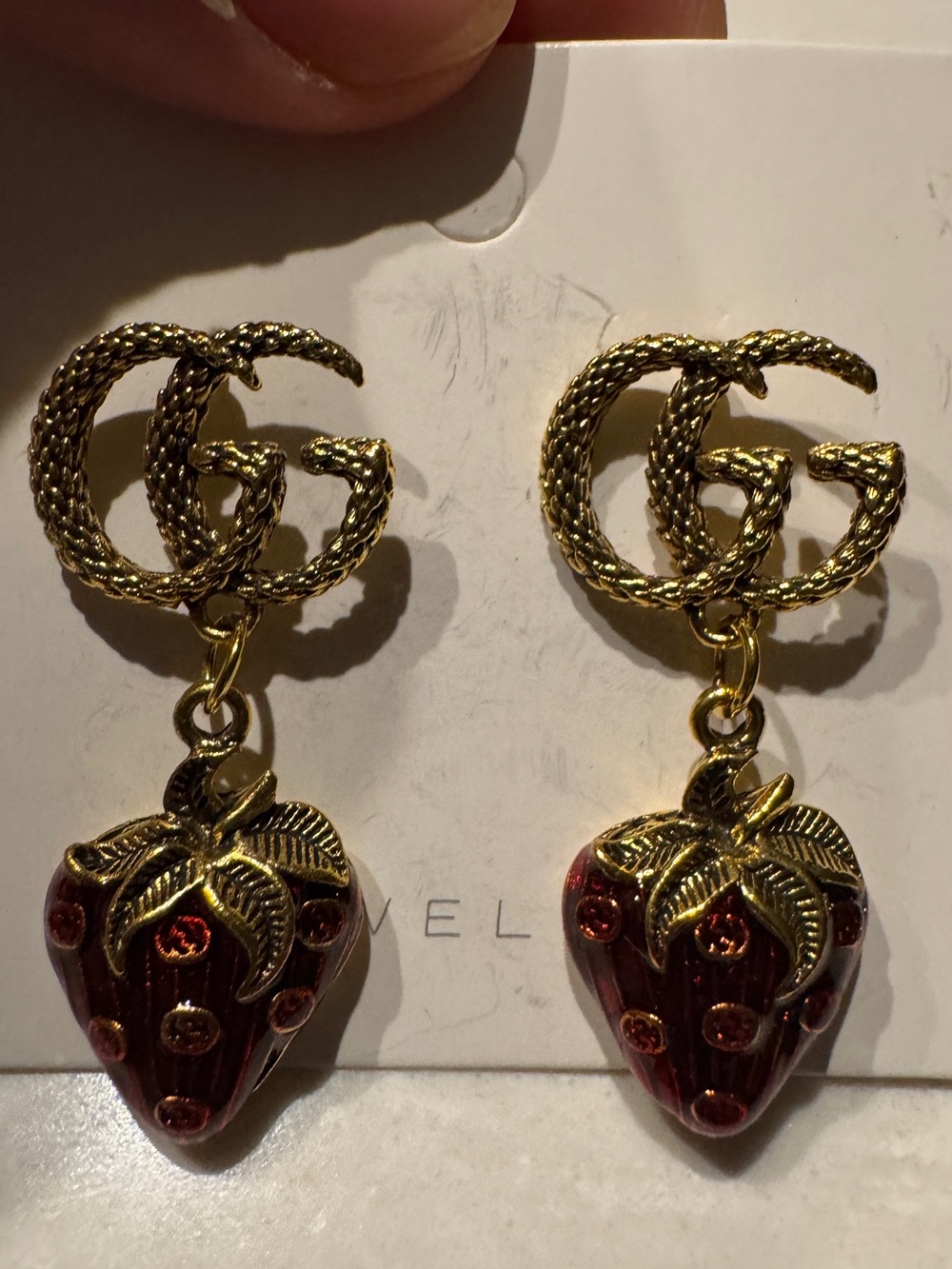 Designer-style GG Bronze-tone Red Strawberry Drop Earrings